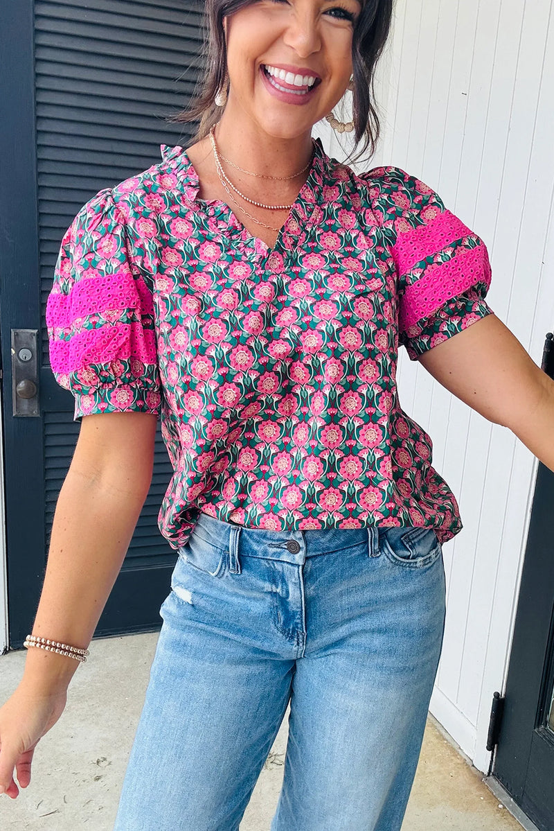 Sachet Pink Frill V-Neck Abstract Floral Print Puff Sleeve Top