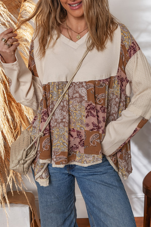 Beige Paisley Ethnic Print Waffle Patchwork Long Sleeve Loose Top