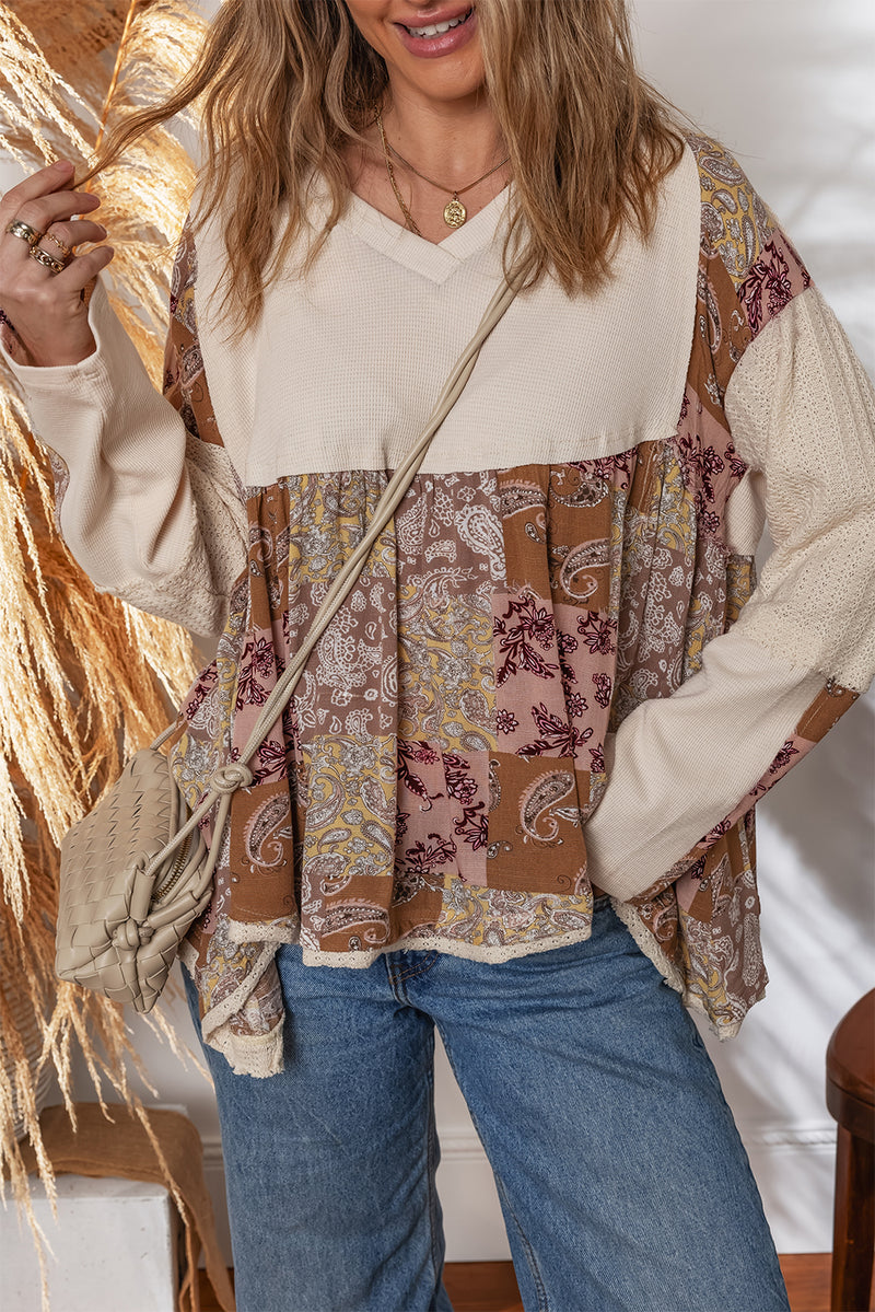 Beige Paisley Ethnic Print Waffle Patchwork Long Sleeve Loose Top