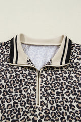 Khaki Leopard Print Zip Neck Striped Webbing Patchwork T Shirt Mini Dress
