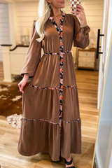 Chestnut Floral Patchwork Notched Neck Long Sleeve Maxi Dress