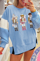 Light Pink Sequin Nutcracker Textured Sleeve Patchwork Sweatshirt