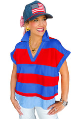 Red Stripe Colorblock Patchwork Short Sleeve Collar Top
