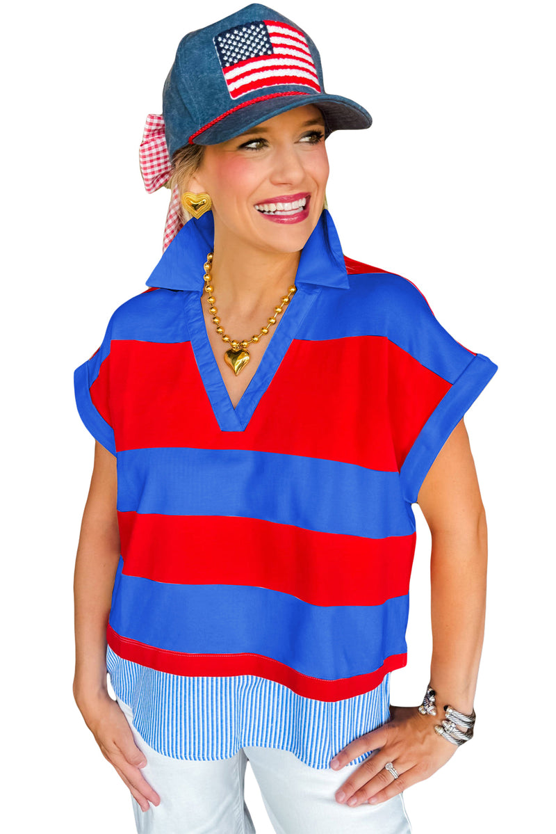 Red Stripe Colorblock Patchwork Short Sleeve Collar Top