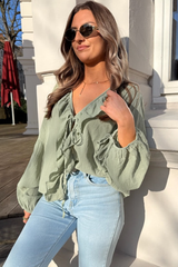 Meadow Mist Green Bow Tie Front Ruffle Trim V Neck Long Sleeve Blouse