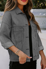 Sky Blue Stripe Washed Oversized Pocketed Denim Jacket