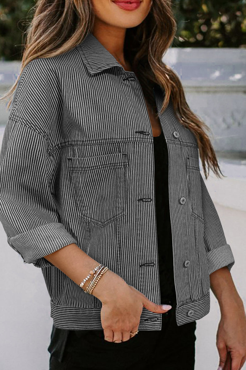 Sky Blue Stripe Washed Oversized Pocketed Denim Jacket