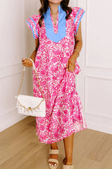 Pink Floral Print Color Block Patchwork V Neck Short Sleeve Midi Dress