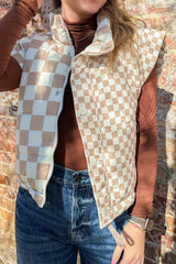 Khaki Plaid Stand Neck Button Down Vest