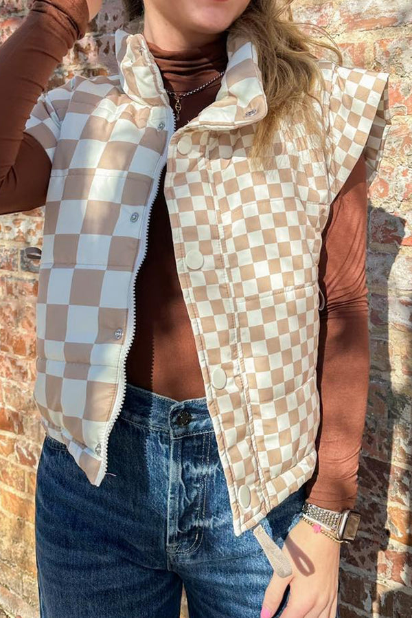 Khaki Plaid Stand Neck Button Down Vest