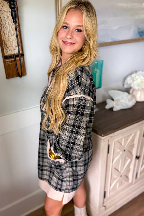 Black Casual Plaid Zipper Long Sleeve Mini Dress
