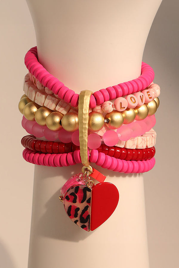 Rose Red Heart Pendant Valentines Day Beaded Bracelet Set