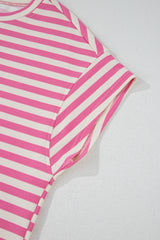 Rose Stripe Crew Neck T Shirt and Drawstring Shorts Set