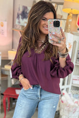 Violet Leopard Trim Notched Neck Bubble Sleeve Blouse