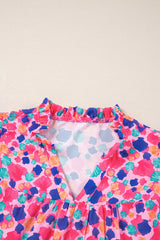 Rose Red Abstract Print Ruffle Sleeve V Neck Blouse