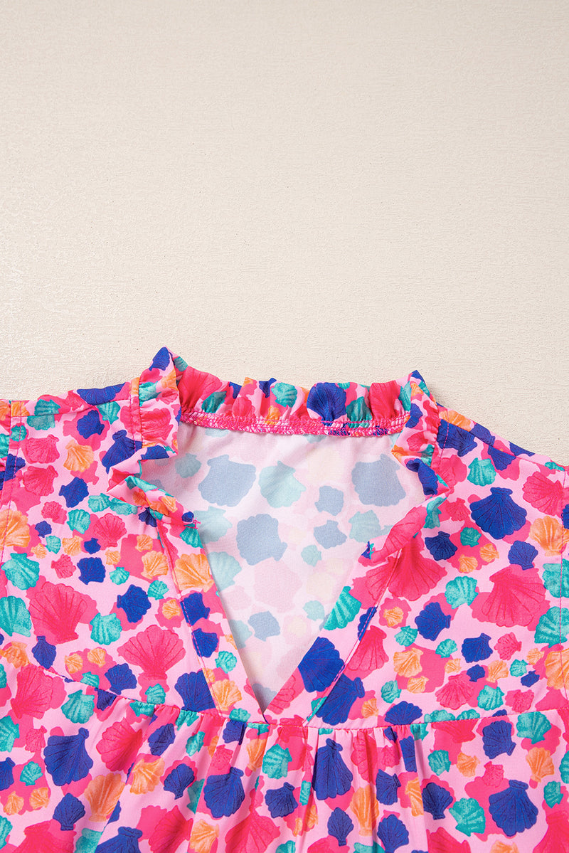 Rose Red Abstract Print Ruffle Sleeve V Neck Blouse