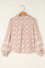 Khaki Printed Floral Print Lace Detail Puff Sleeve Fall Shirt