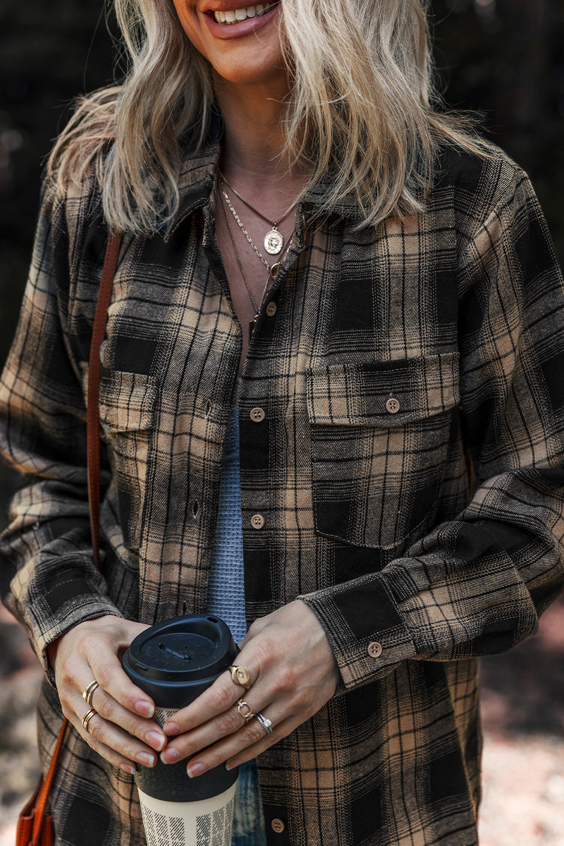 Multicolour Retro Plaid Double Flap Pocket Brushed Shacket