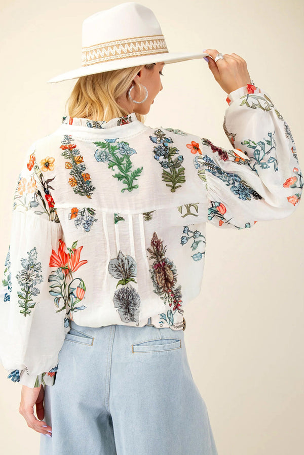 White Floral Print V Neck Loose Drop Sleeve Shirt
