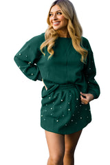 Dark Green Pearl Embellished Drop Shoulder Pullover Elastic Waist Mini Skirt Set