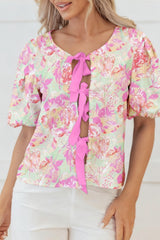 Pink Ribbon Knot Front Floral Short Puff Sleeve Blouse