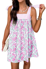 Sky Blue Floral Print Striped Patchwork Bow Knot Straps Mini Dress