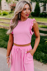 Bonbon Textured Ruffle Trim Crop Top and Drawstring Skirt Set