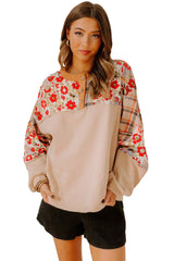 Parchment Floral Plaid Patchwork Henley Top