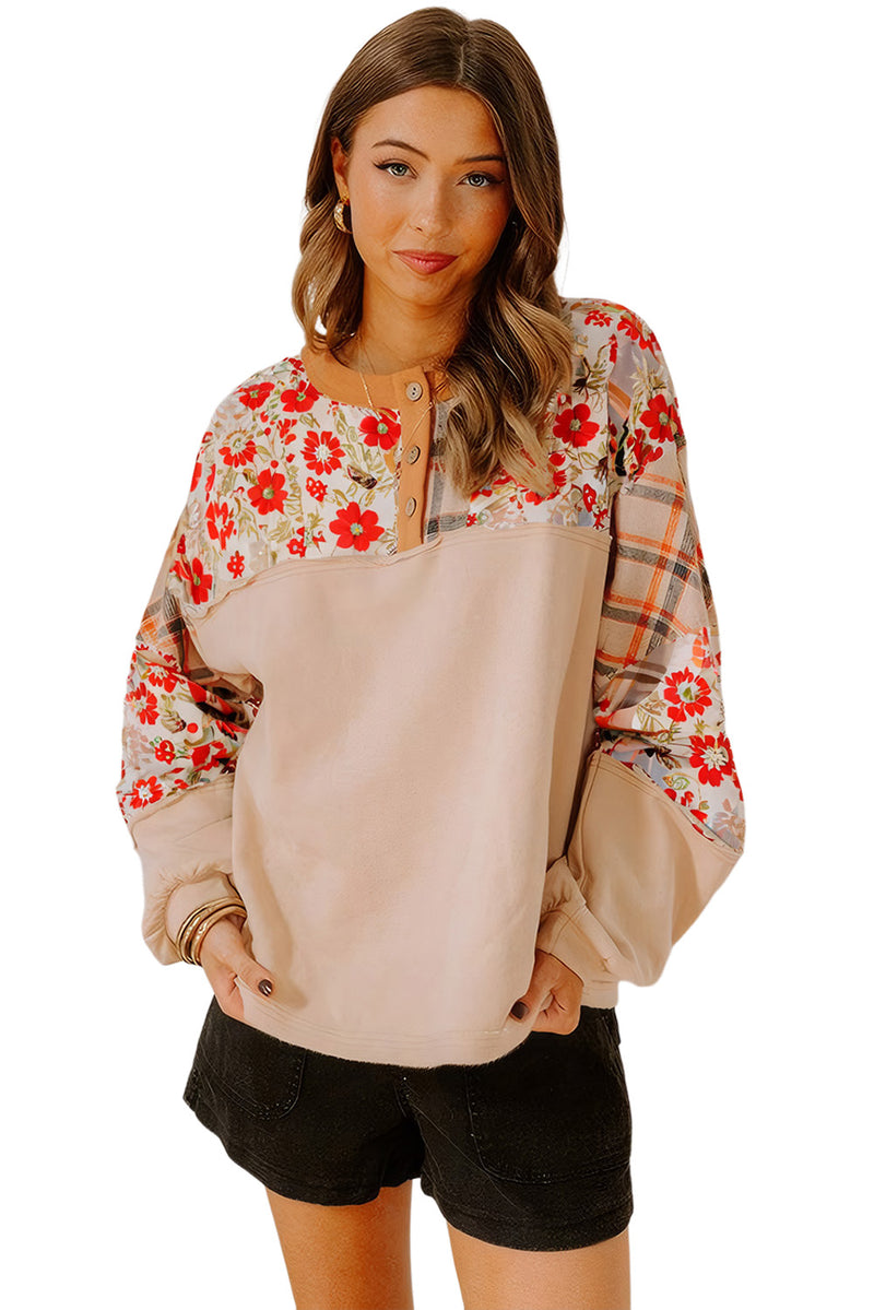 Parchment Floral Plaid Patchwork Henley Top