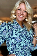 Brown Floral Printed Frilled V Neck Bracelet Sleeve Long Dress