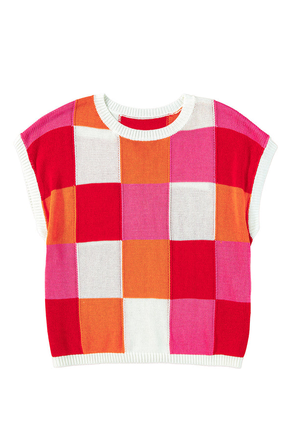 Fiery Red Checkered Color Block Cap Sleeve Knitted Top