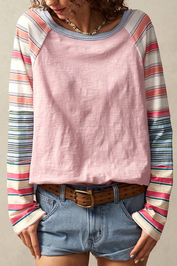 Pink Striped Colorblock Long Sleeve Top