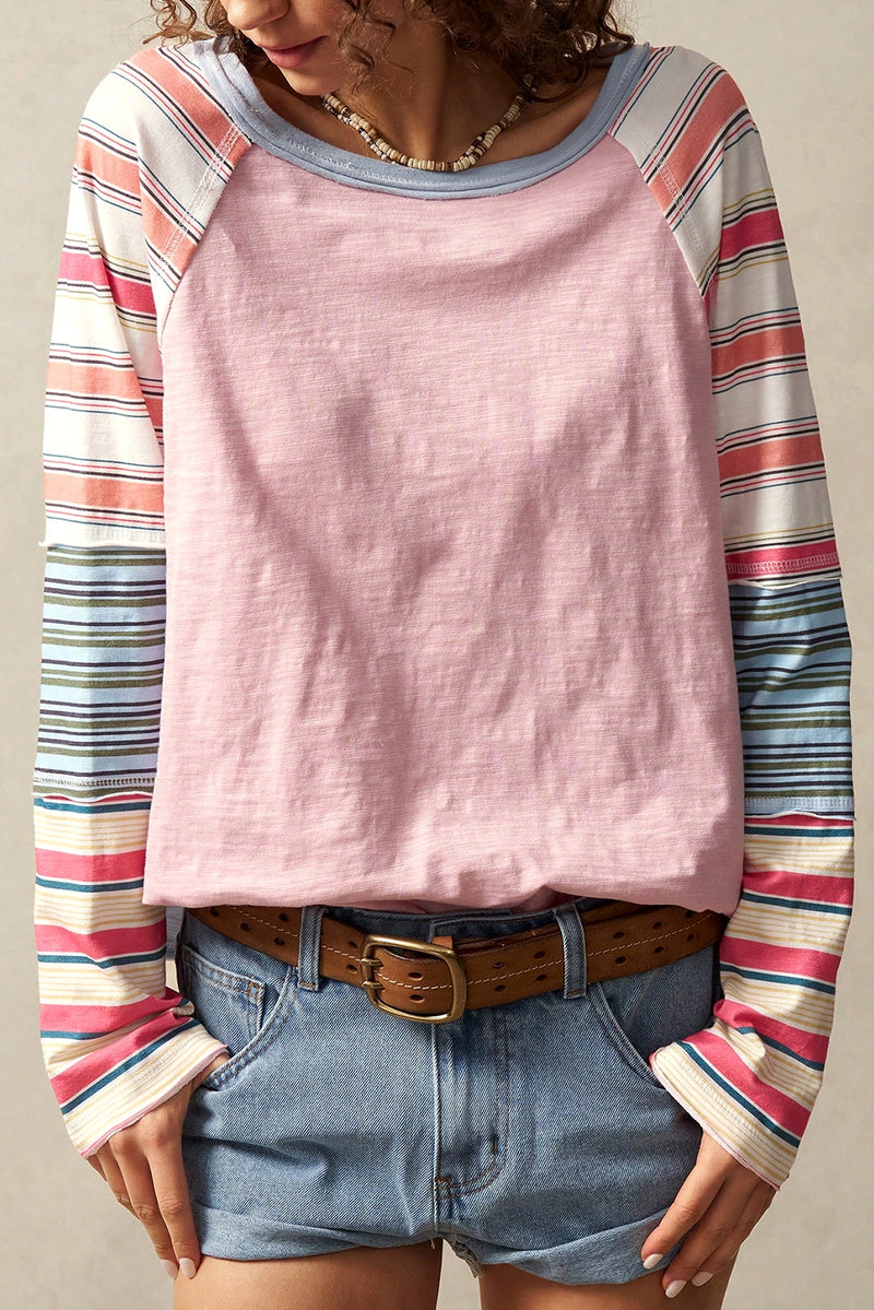 Pink Striped Colorblock Long Sleeve Top