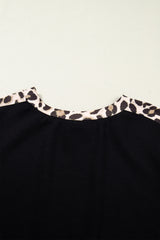 Black Plus Size Leopard Print Patchwork Shift T Shirt Dress with Pockets