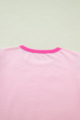 Pink Colorblock Flutter Sleeve Round Neck T Shirt