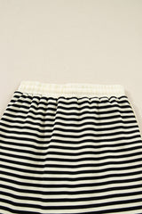 Black Stripe Textured Drop Shoulder Pullover Top Drawstring Mini Skirt Two Piece Dress Set