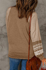 Tillandsia Purple Contrast Print Striped Raglan Long Sleeve Loose Top