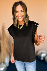 Black Casual Rivet Round Neck T Shirt