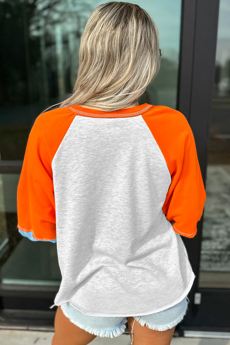 Light Grey Thanksgiving Turkey Graphic Sequins Patch Color Block Raglan Sleeve Top