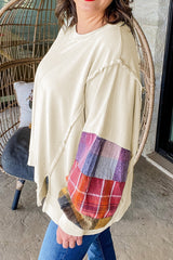 Beige Plus Size Plaid Patchwork Sleeve Pullover Top