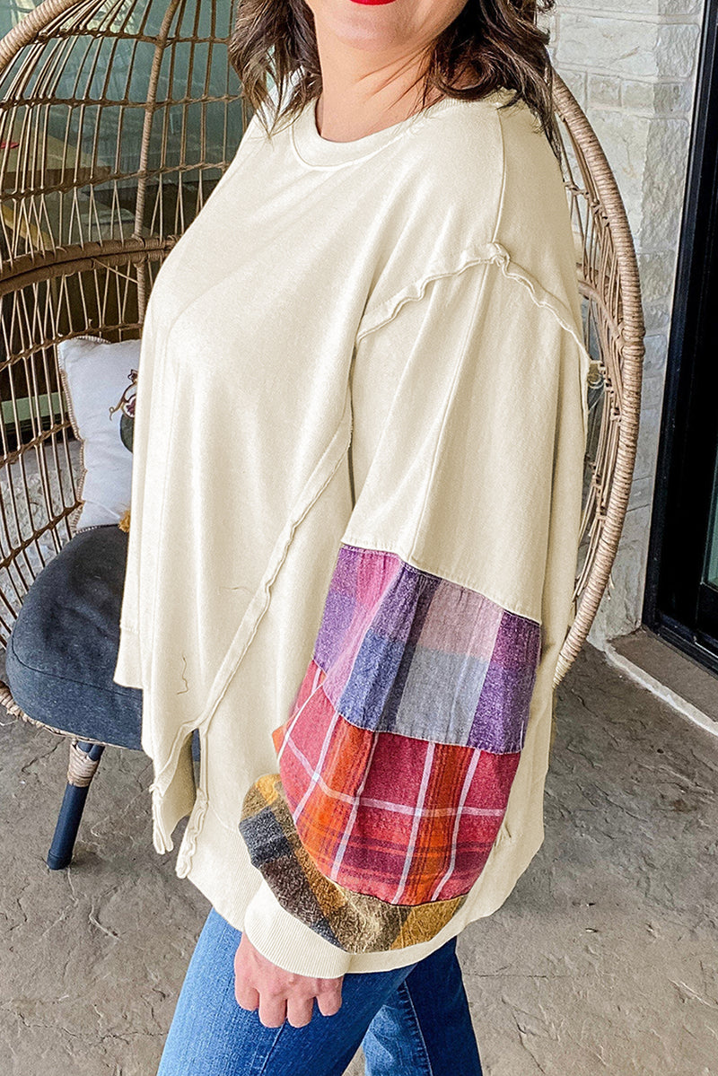 Beige Plus Size Plaid Patchwork Sleeve Pullover Top