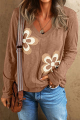 Straw Yellow Floral Patched V Neck Long Sleeve Top