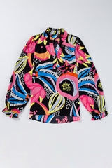 Green Abstract Print Ruffled Sleeve Buttoned V Neck Blouse