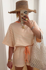 Sky Blue Stripe Contrast Neck Loose Tee and Drawstring Shorts Set