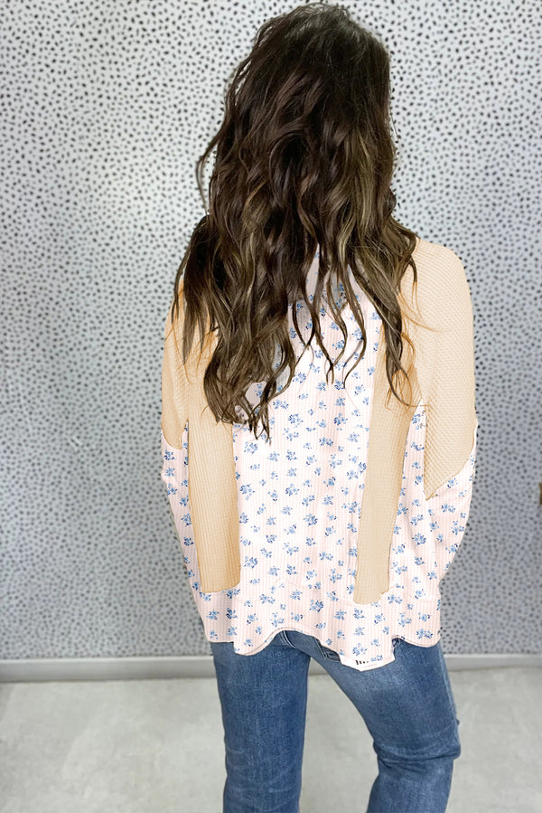 Beige Floral Print Waffle Patchwork Balloon Sleeve V Neck Oversized Top