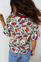 Multicolour Contrasted V Neckline Floral Puff Short Sleeve Blouse