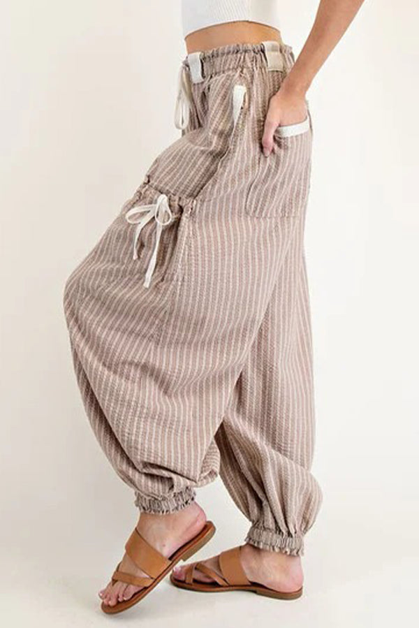 Brown Striped Pocket Knot Detail Lantern Pants