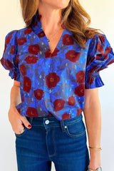 Blue Ruffled Short Balloon Sleeve Frilled V Neck Floral Blouse