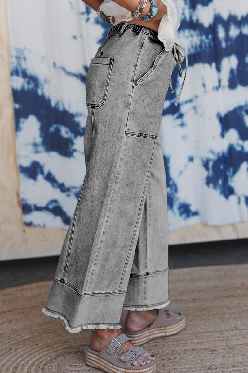 Prussian Blue Drawstring Seam Detail Raw Hem Wide Leg Jeans
