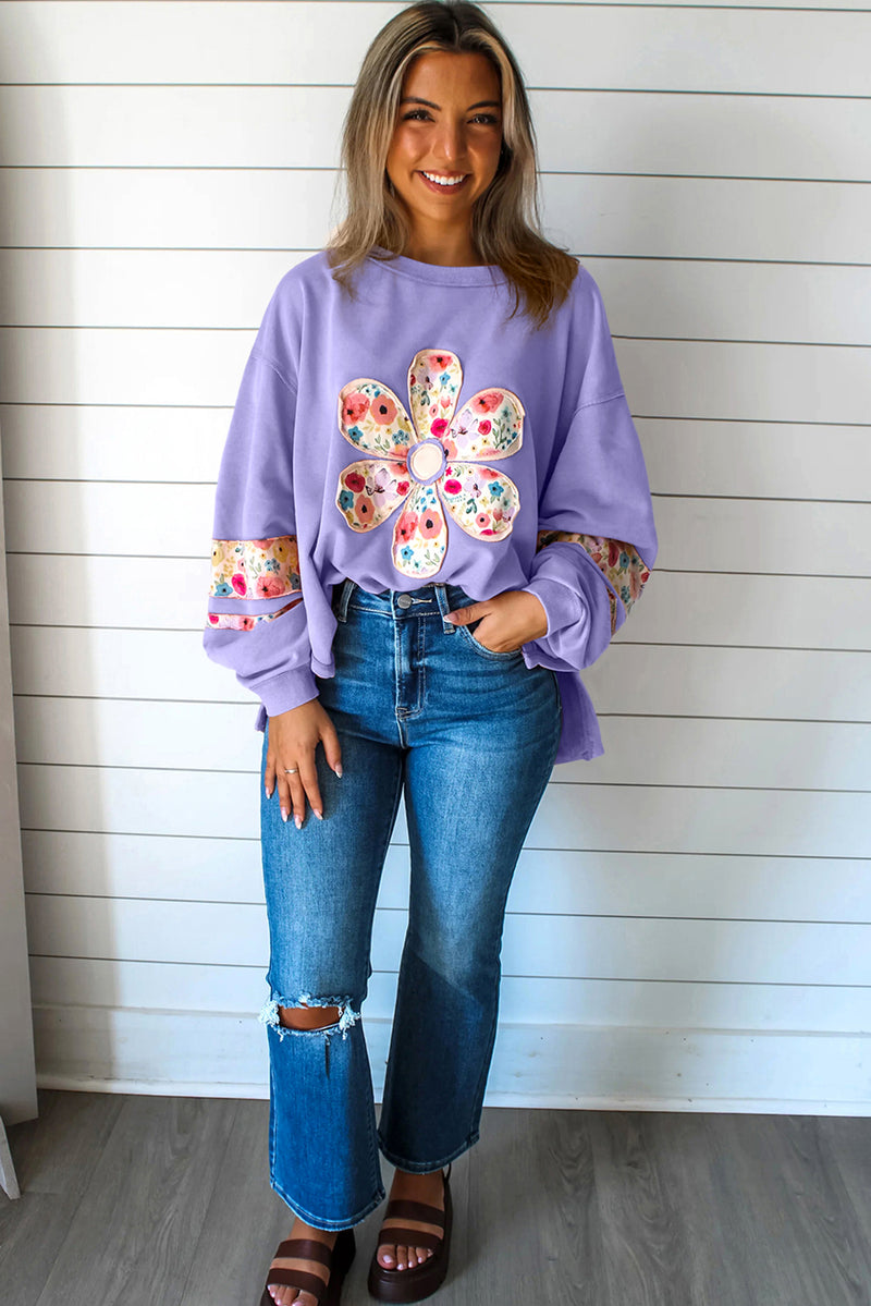 Wisteria Flower Applique Patchwork Drop Sleeve Pullover Sweatshirt